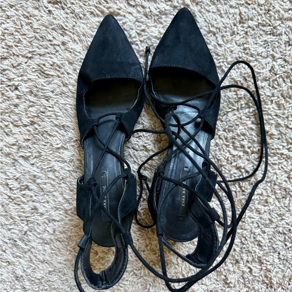 Zara Black Pointed Lace-Up Flats Kitten Heel